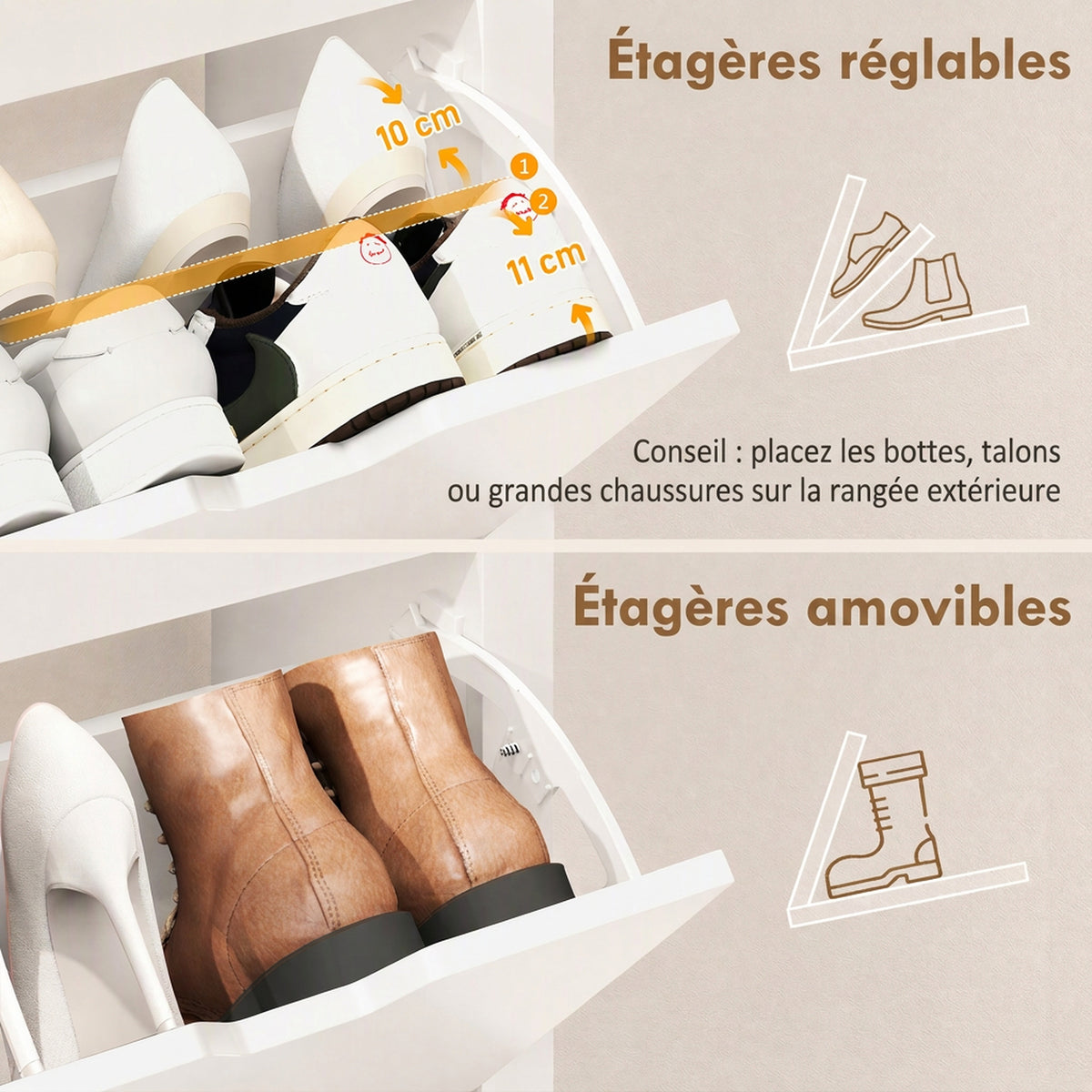 Meuble à chaussures 16 paires, armoire à chaussures étroite avec 4 tiroirs rabattables et étagères réglables-5