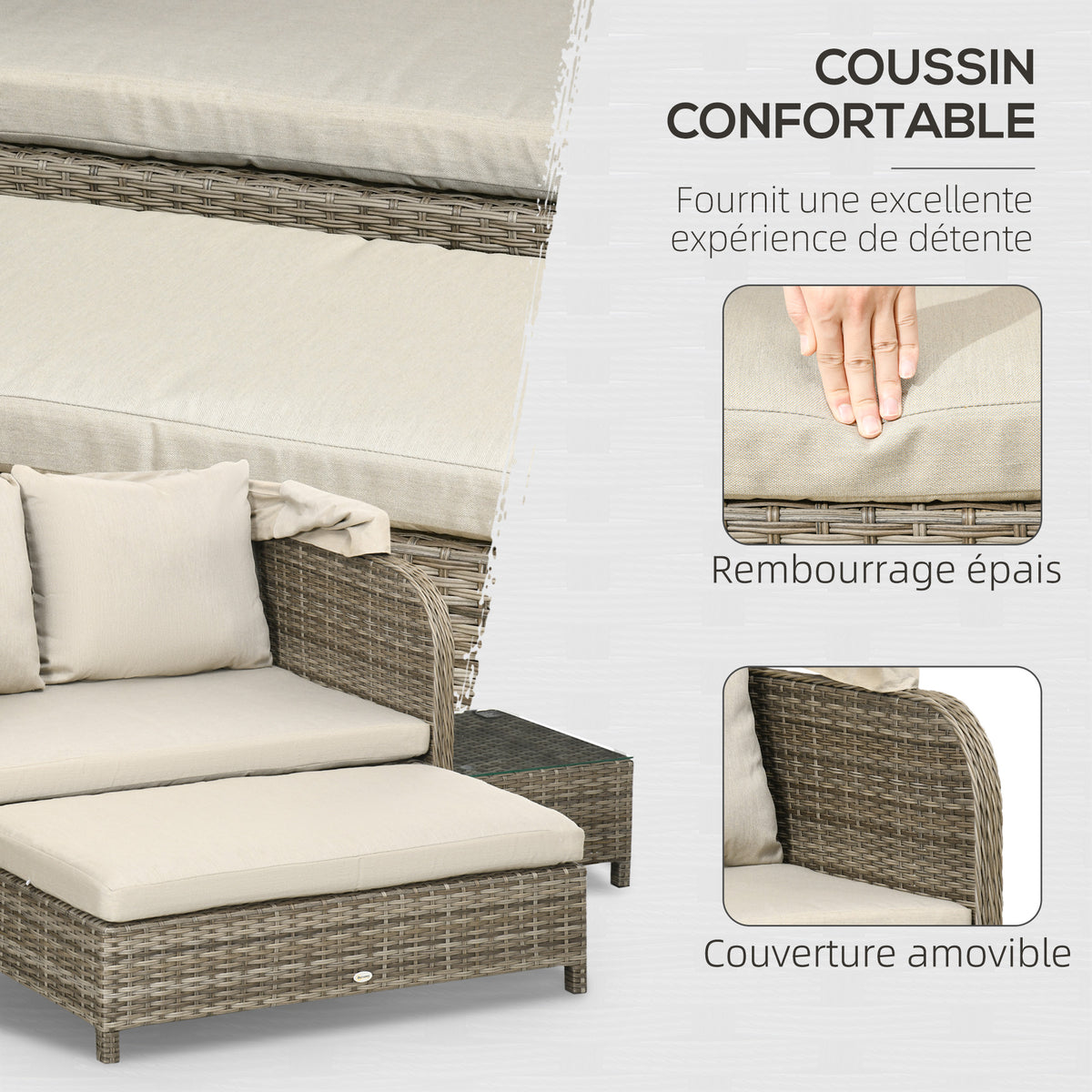 Ensemble salon de jardin 4 pièces canapé 2 places + 1 repose-pieds + 2 table basse avec coussins beige marron-3