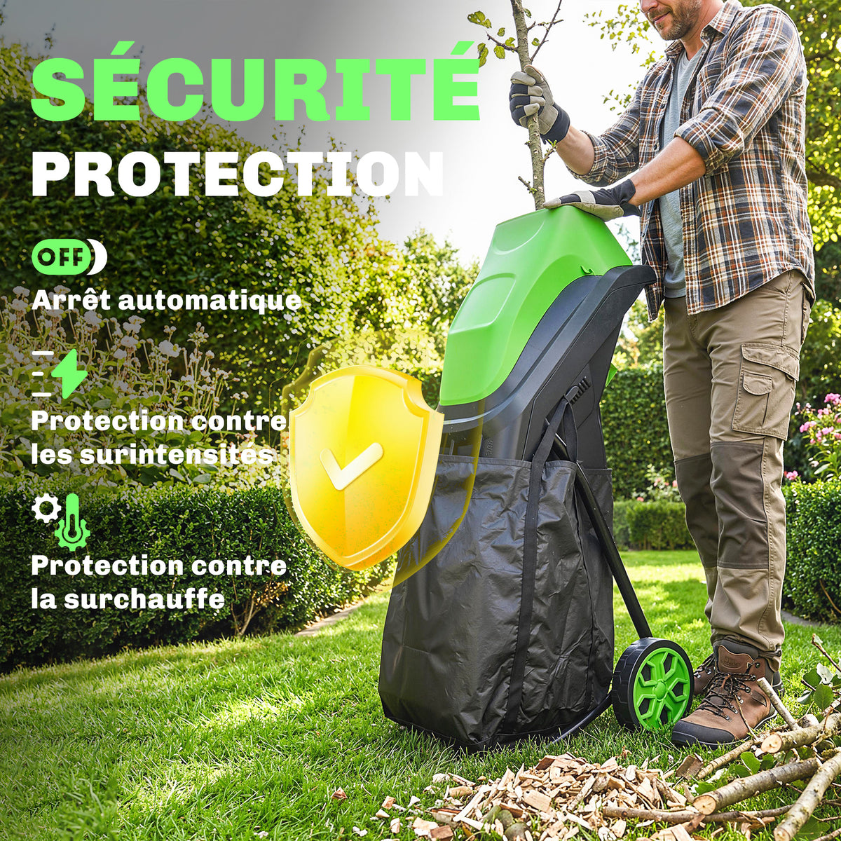 Broyeur de Végétaux Électrique 2500 W, Broyeur de Branches avec Sac de Collecte 45L, 4300 tr/min, 44x34x96cm, Vert-4