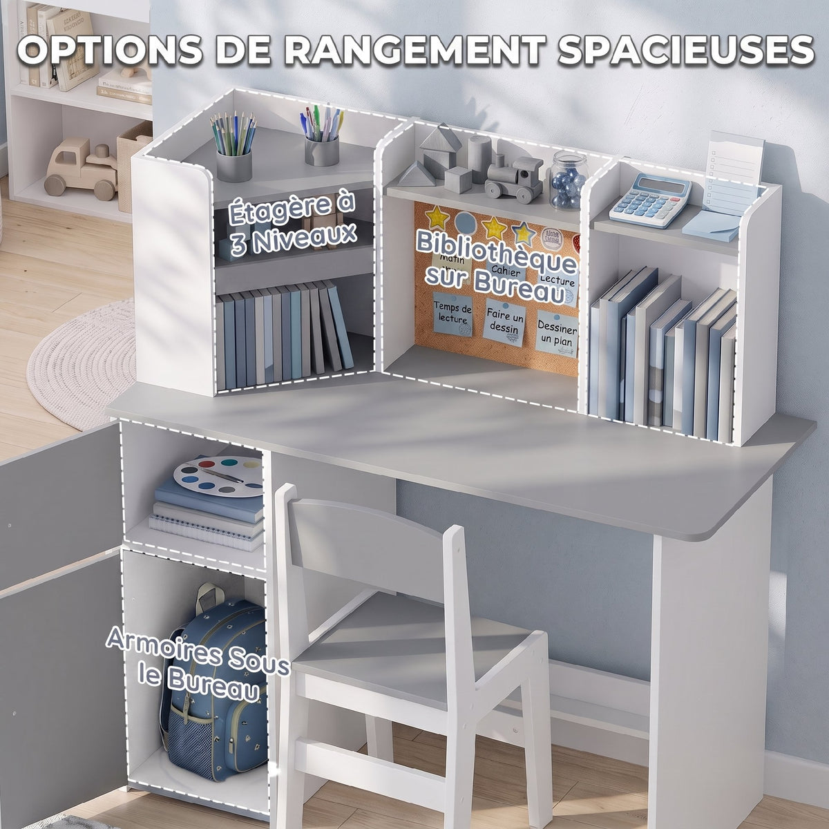 Bureau Enfant avec Chaise, Table d'Étude, Support de Tablette Réglable, Porte-Stylos, Panneau en Liège, 5-12 ans, Gris-5