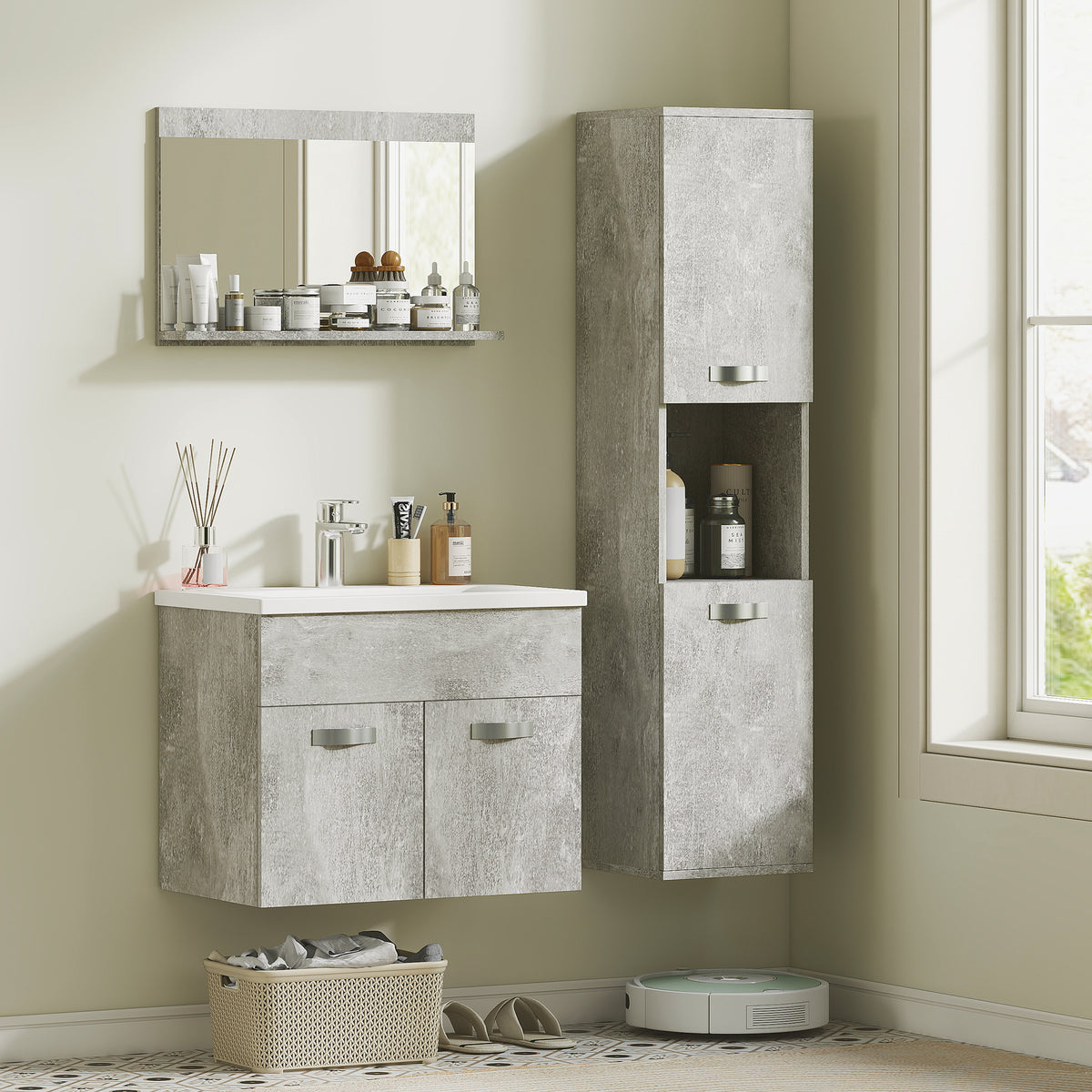 Ensemble de Meubles de Salle de Bain 4 Pièces, Mural, avec Miroir, Meuble sous Vasque, Lavabo et Armoire Haute, gris-1