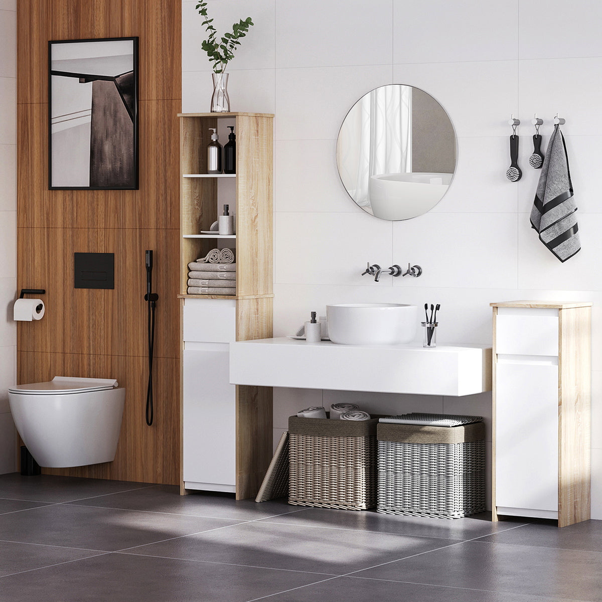 Meuble Colonne Rangement Salle de Bain Style Cosy 3 niches tiroir Placard avec étagère Blanc Aspect chêne Clair-9