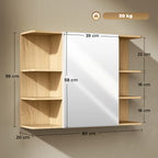 Armoire murale salle de bain avec miroir, meuble salle de bain avec étagères ouvertes, 80 x 20 x 59 cm, bois naturel-2