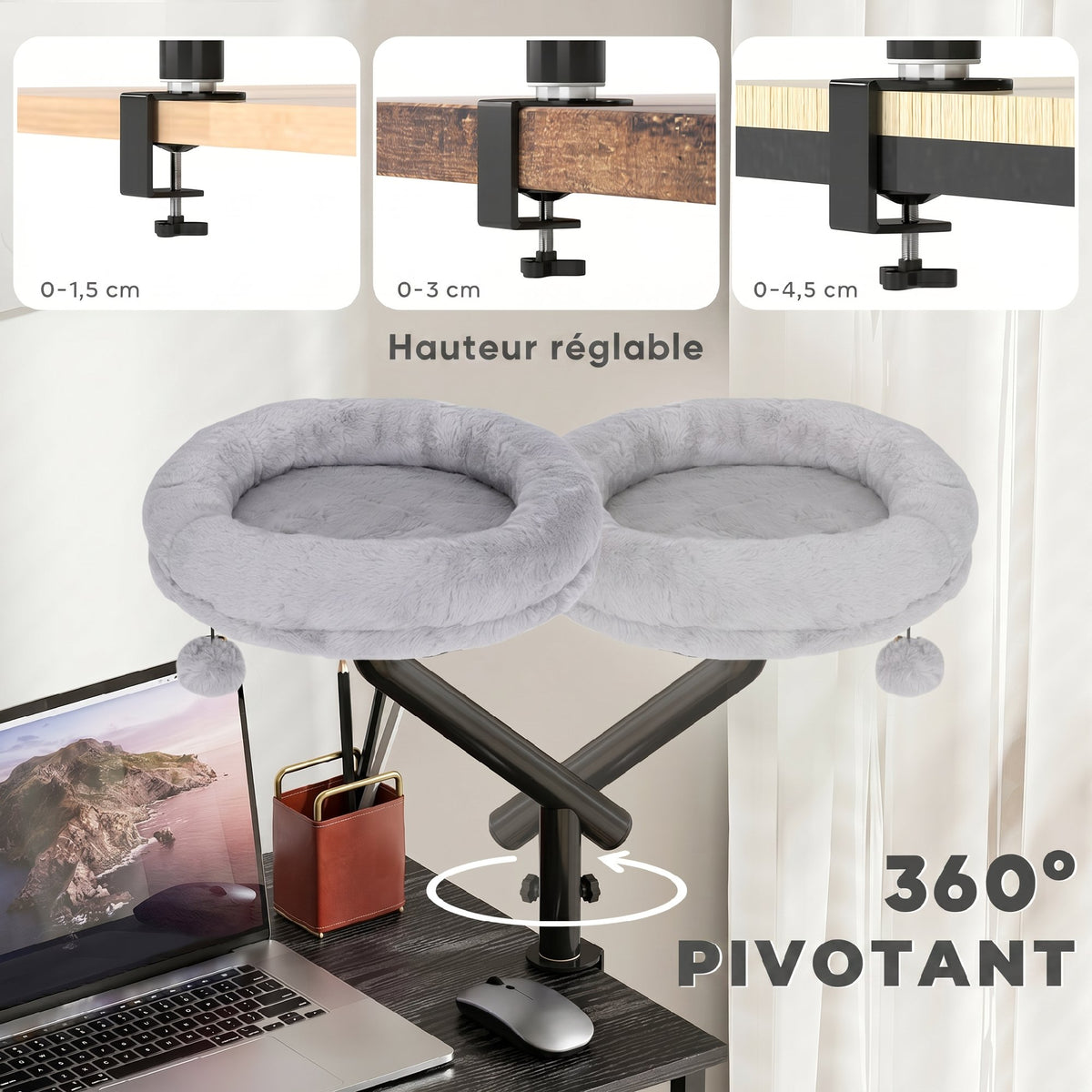 Lit de Bureau pour Chat Rotation de 360° et Hauteur Réglable, Lit pour Chat Lavable avec Balle Jouet, 35x35x48cm, Gris-4