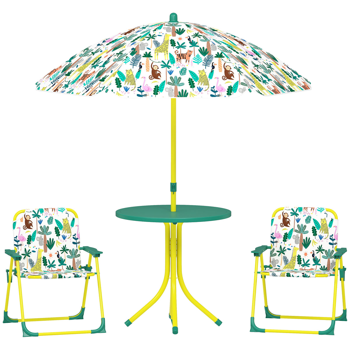 Ensemble Salon de Jardin Extérieur Enfant avec 2 Chaises Pliantes et Parasol, Thème Jungle, pour Jardin, Terrasse, Vert-0