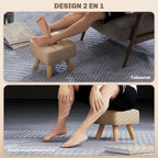 Repose pied salon ottoman siège rembourré en tissu avec pieds en bois 27 x 27 x 26 cm marron clair-3