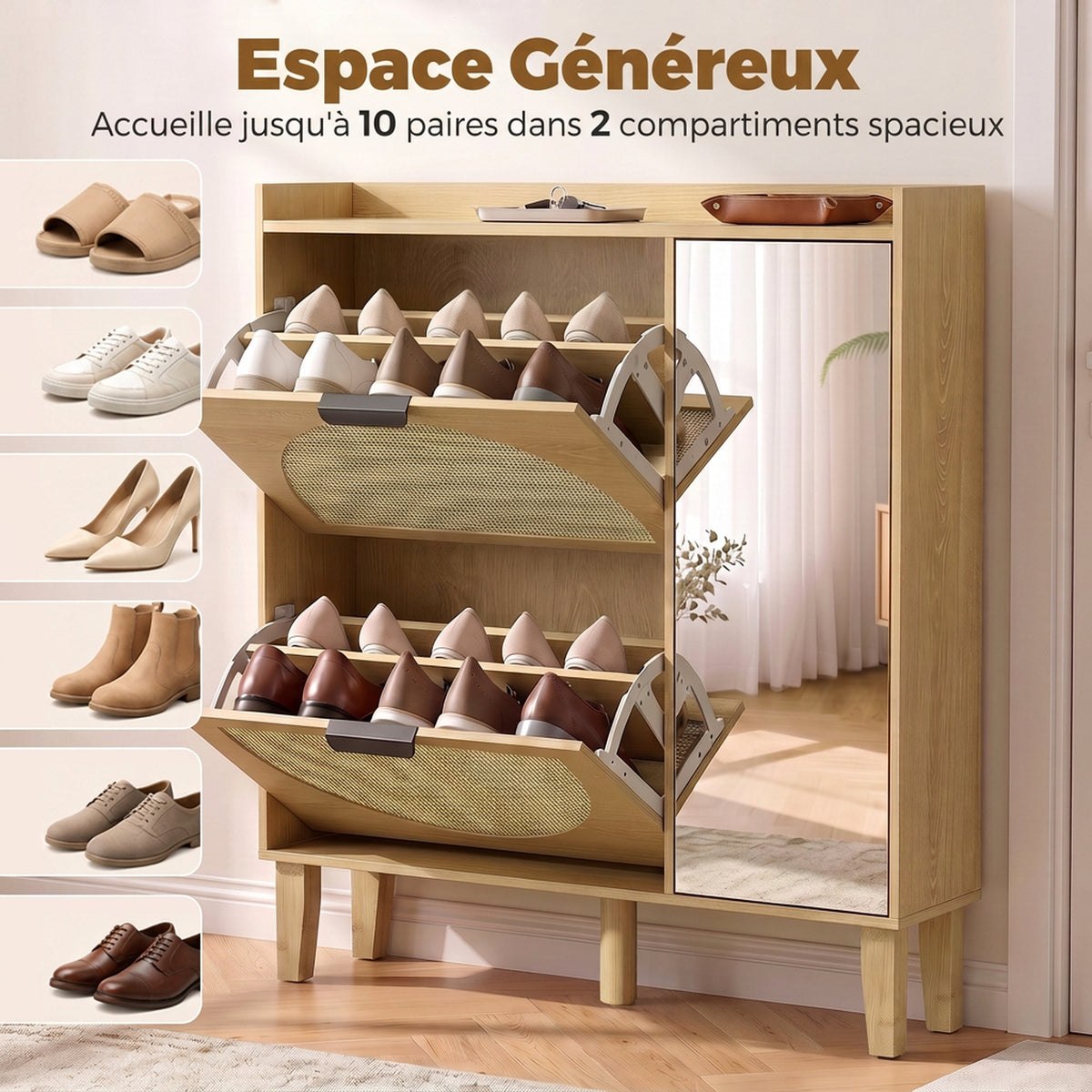 Meuble à Chaussures 10 Paires, Armoire à Chaussures, Porte en Miroir, 2 Tiroirs Rabattables et Étagères Réglables, Chêne-4