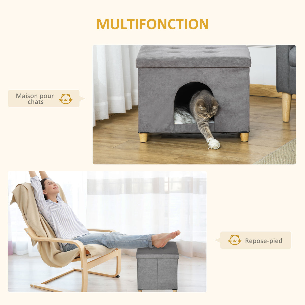 Niche chat maison de chat design surélevé avec coussin amoviable et lavable en peluche doux repose-pieds, dessus ouvrable, gris-3