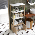 Colonne de salle de bain armoire de rangement en bambou 3 étagères 1 placard 63 x 30 x 138 cm bois naturel et blanc-7