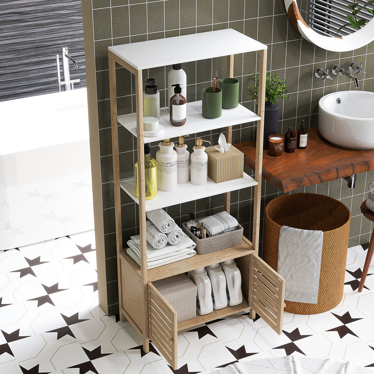 Colonne de salle de bain armoire de rangement en bambou 3 étagères 1 placard 63 x 30 x 138 cm bois naturel et blanc-7
