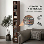 Rangements pour CD et DVD, étagère colonne de rangement, meuble de rangement avec 12 compartiments, capacité max. 204 CD, 21 x 20 x 175 cm, marron-3