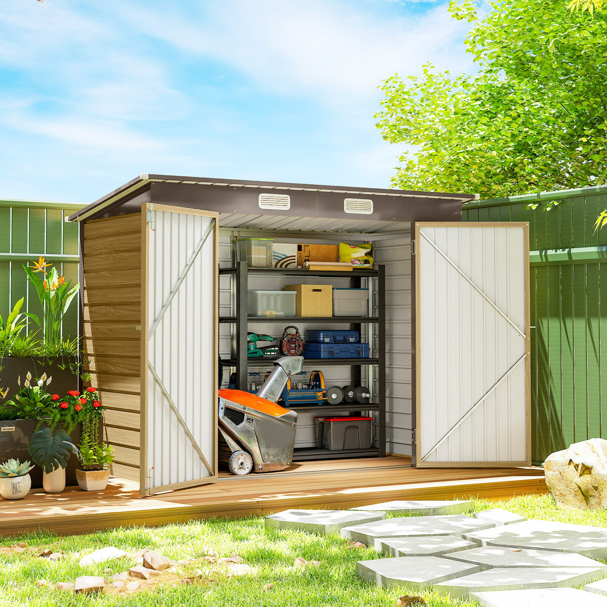 Abri de Jardin en Métal 3 m² Facile à Monter, Cabane de Jardin Structure en Acier Galvanisé Améliorée, Chêne-9