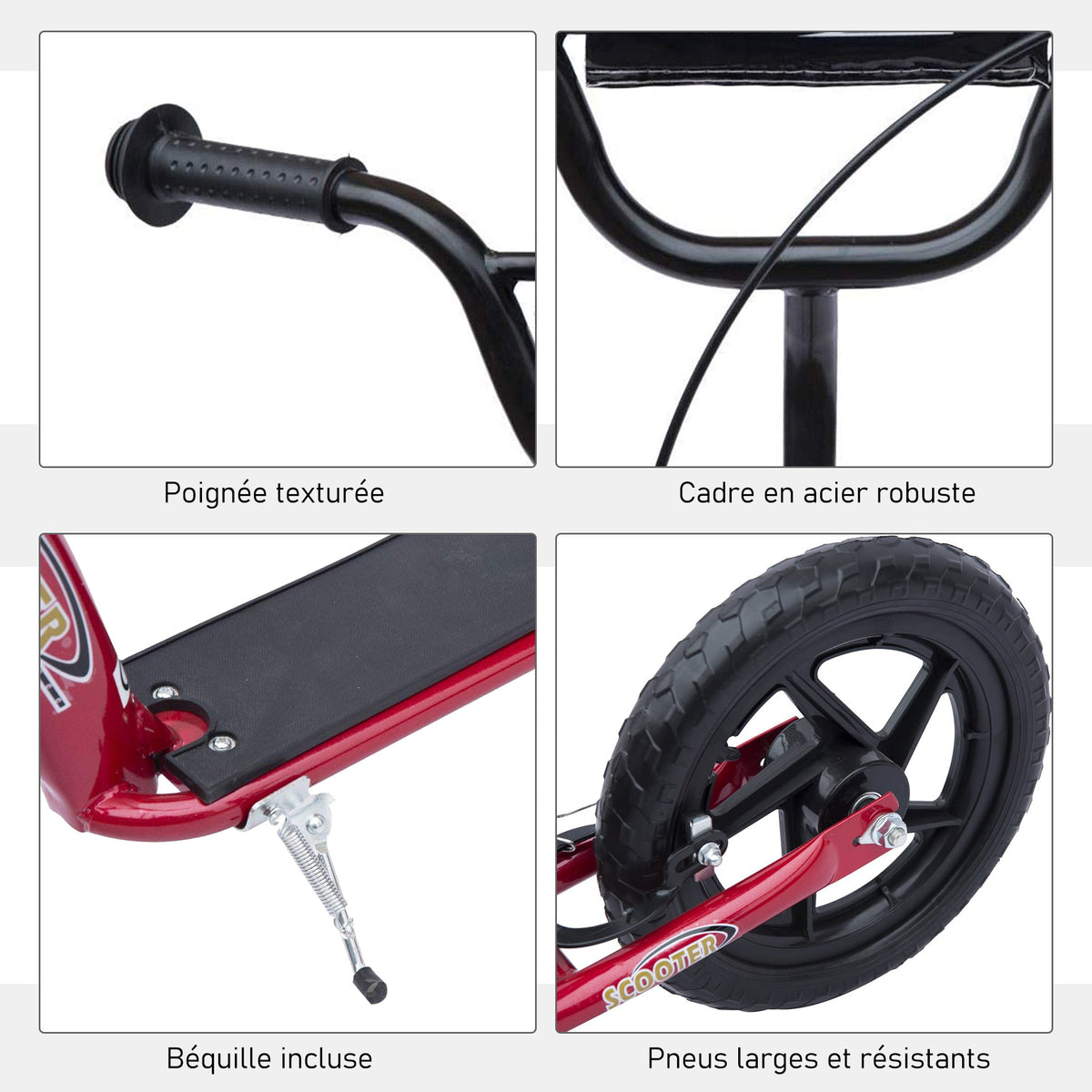Trottinette enfant patinette pneus 30 cm Hauteur Guidon réglable poignée Frein et béquille Acier pour enfants à partir de 5 ans Rouge-6