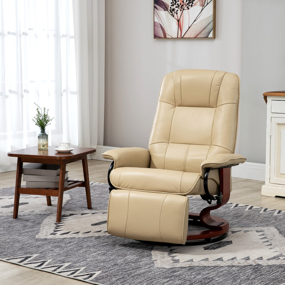 Fauteuil relax inclinable repose-pieds réglable pivotant 360° piètement bois revêtement PU respirant et doux crème-1
