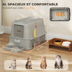 Bac à Litière pour Chat 80L en Inox avec Couvercle Rabattable à 180°, Tiroir Coulissant, Pelle, 63x43x43cm, Gris Clair-4