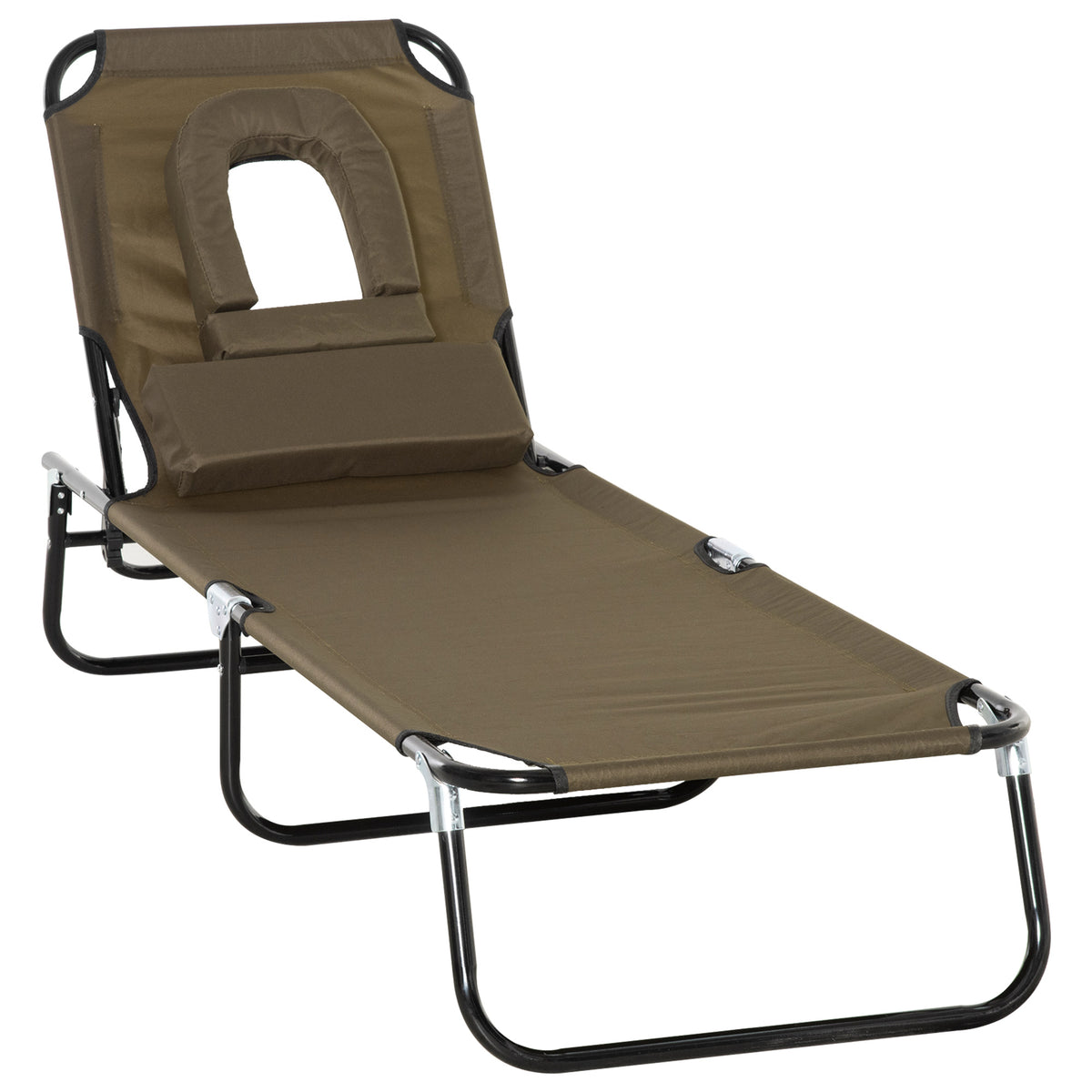 Transat de Jardin Chaise Longue Pliante Bain de Soleil avec Appuie-tête, Trou de lecture et Dossier Inclinable, Marron-0