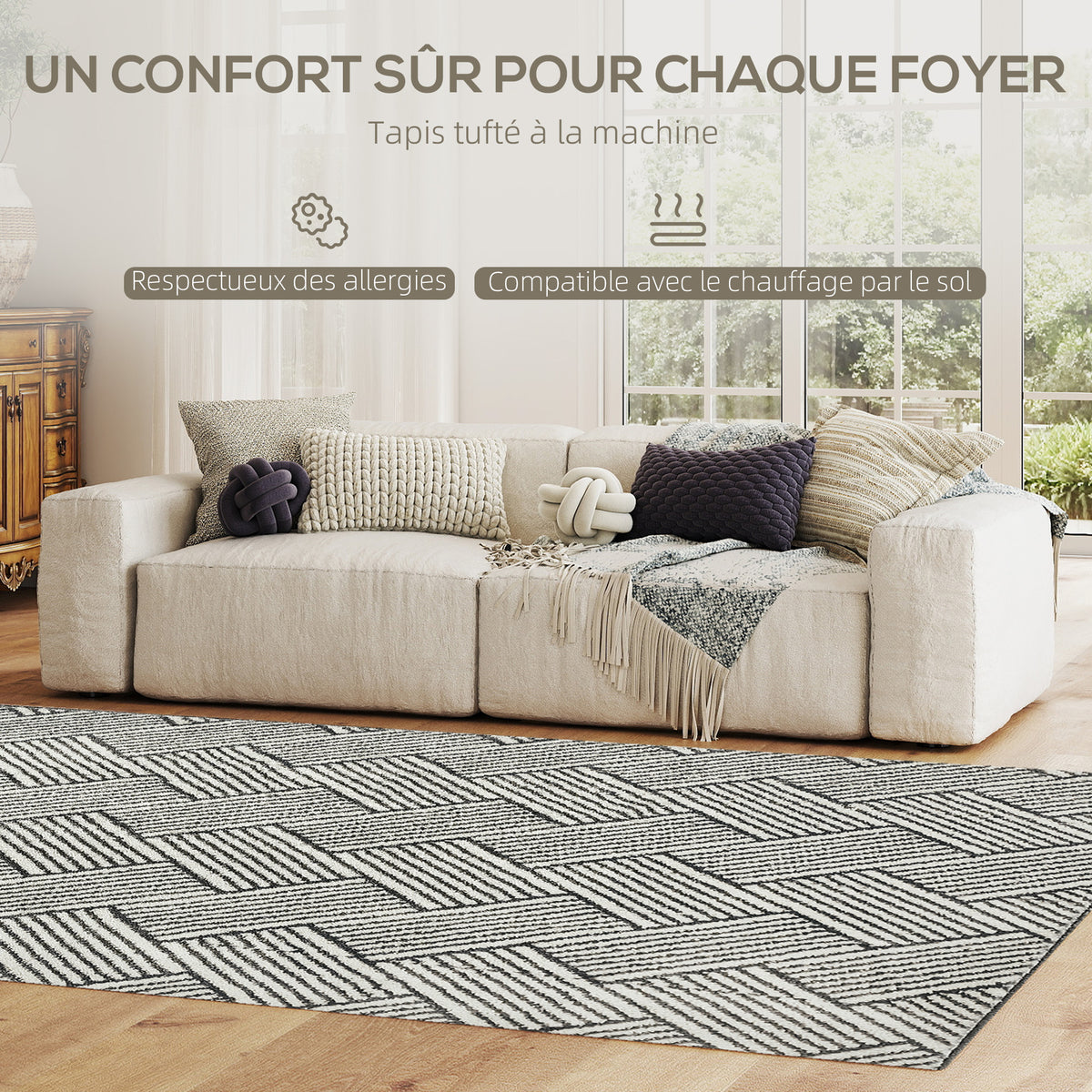 Tapis salon 200 x 140 cm poils courts lavable en machine hypoallergénique pour salon, chambre à coucher, bureau, gris-3