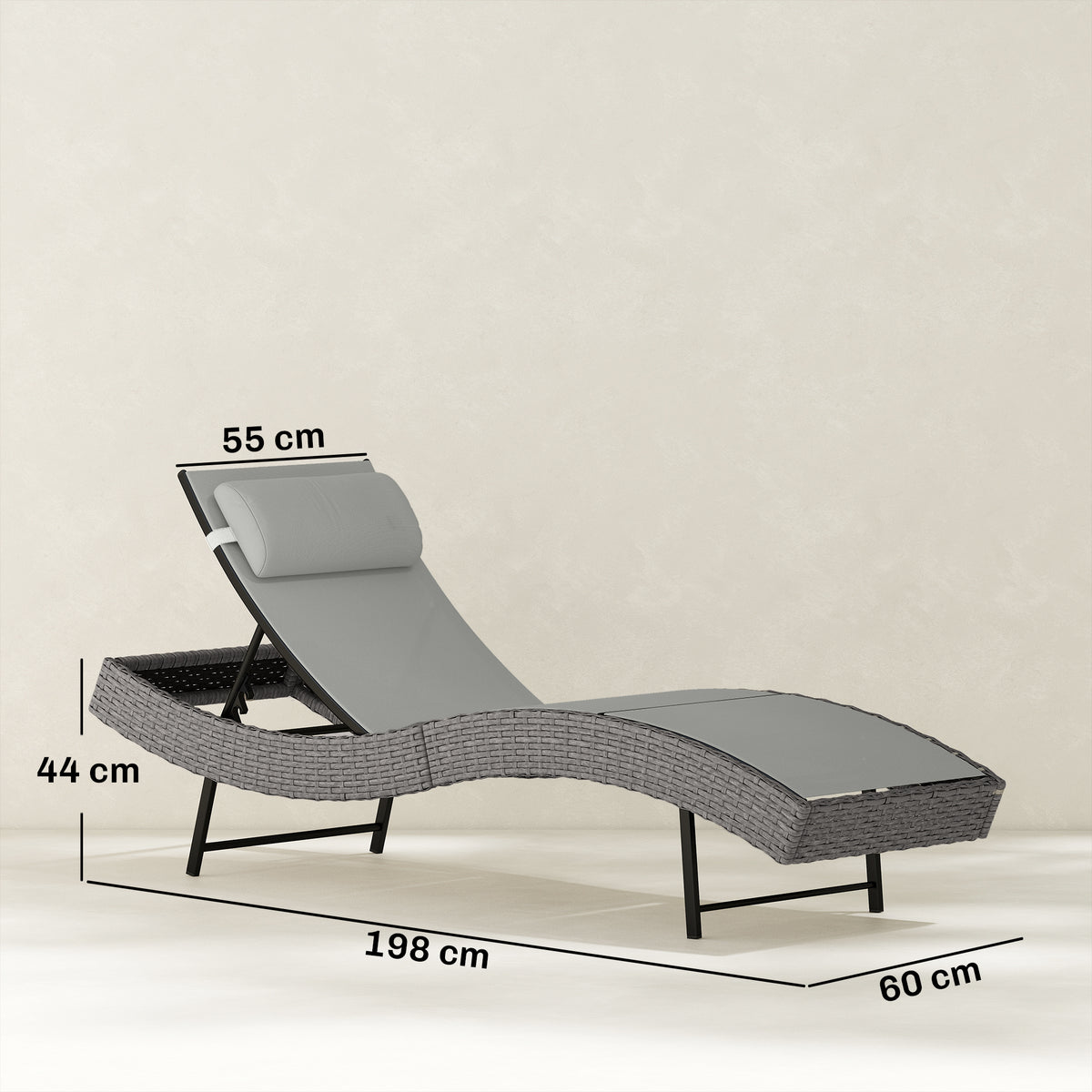 Chaise longue en résine tressé, bain de soleil avec dossier réglable 5 positions et appui-tête, 198 x 61 x 44 cm, gris-2