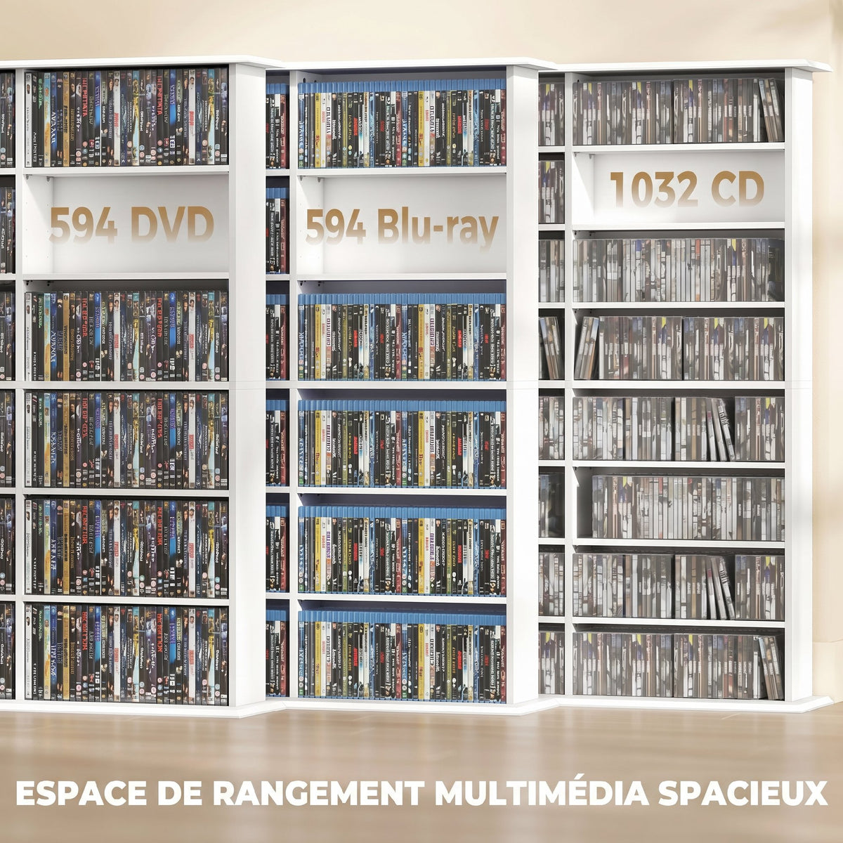 Meuble de rangement 1032 CDs / 594 DVDs, étagère multimédia, 24 compartiments et 18 étagères ajustables, blanc-3