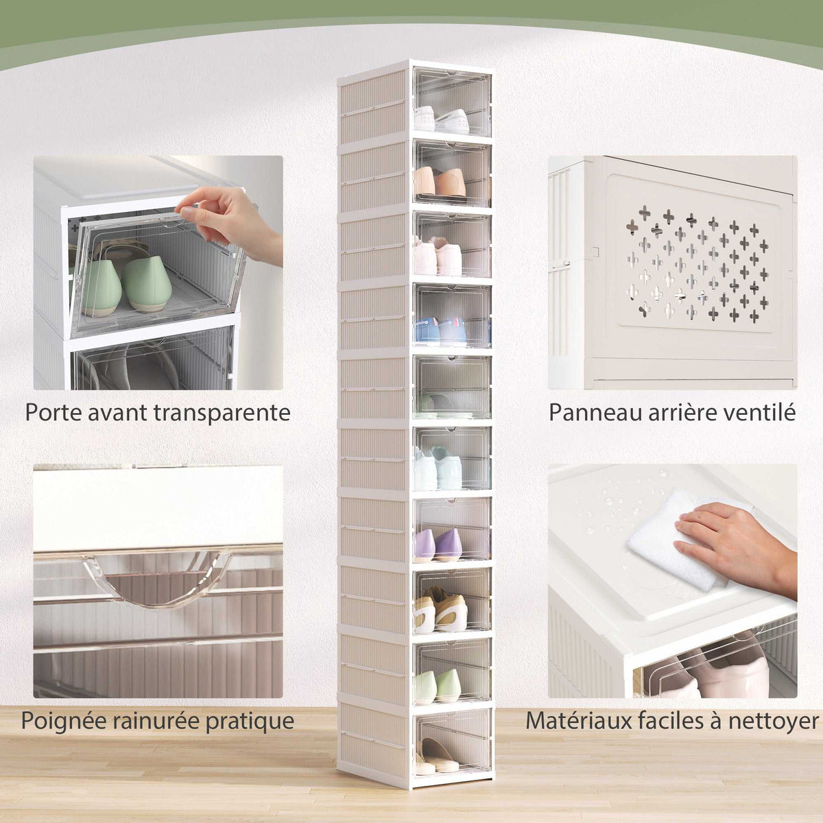 Lot de 10 boîtes à chaussures pliables en plastique empilables avec couvercles, pour pointure jusqu'à 43, blanc-4