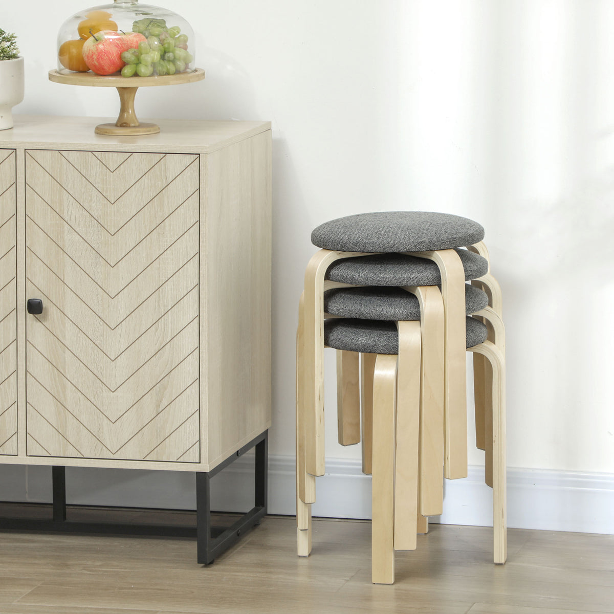 Ensemble de 4 tabourets empilables ronds sans dossier avec assise rembourrée, 40 x 40 x 45 cm, gris-7