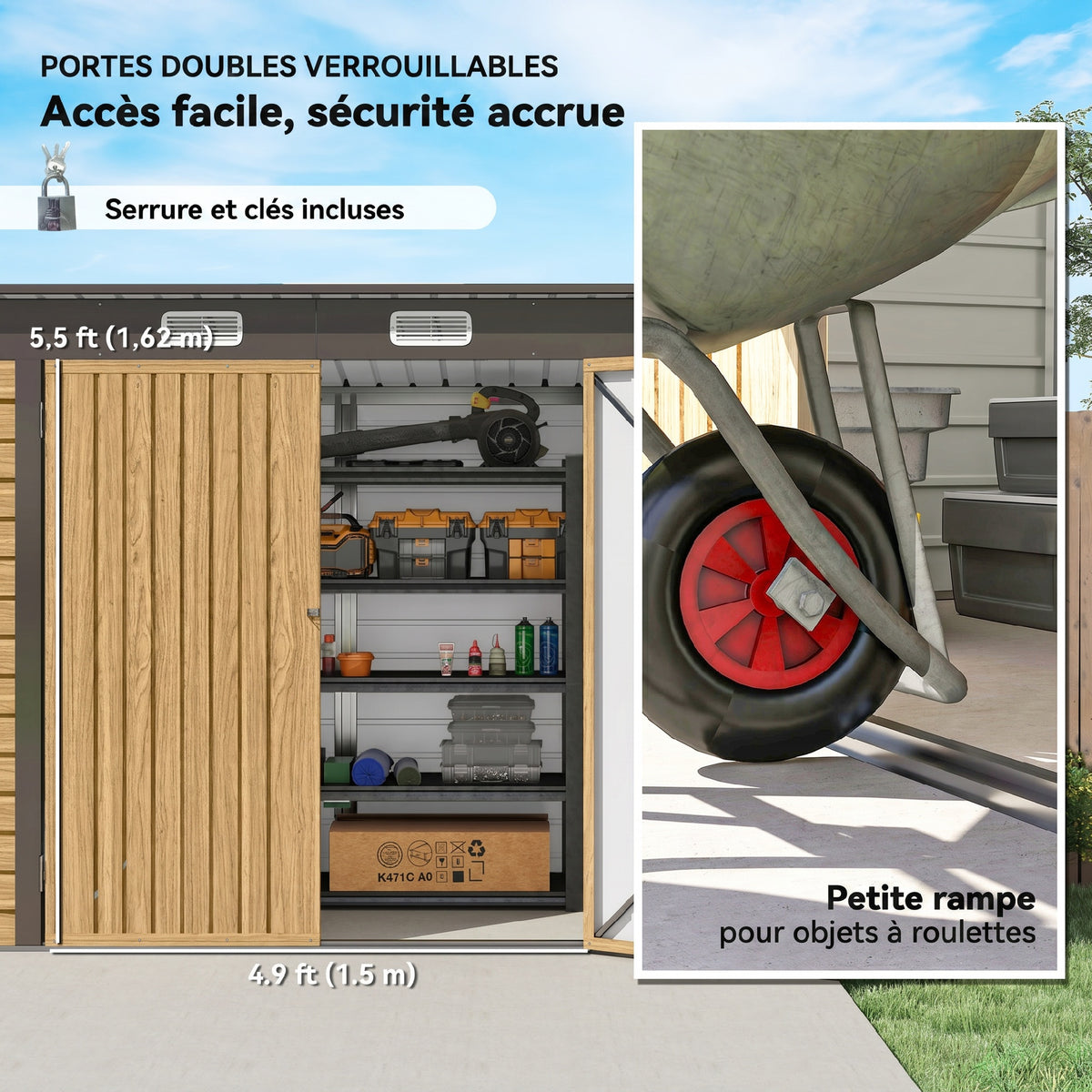 Abri de Jardin en Métal 3 m² Facile à Monter, Cabane de Jardin Structure en Acier Galvanisé Améliorée, Chêne-5