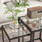 Lot de 2 tables basse gigogne, tables d'appoint empilable, plateau verre trempé cadre acier, patins antidérapants, noir-7