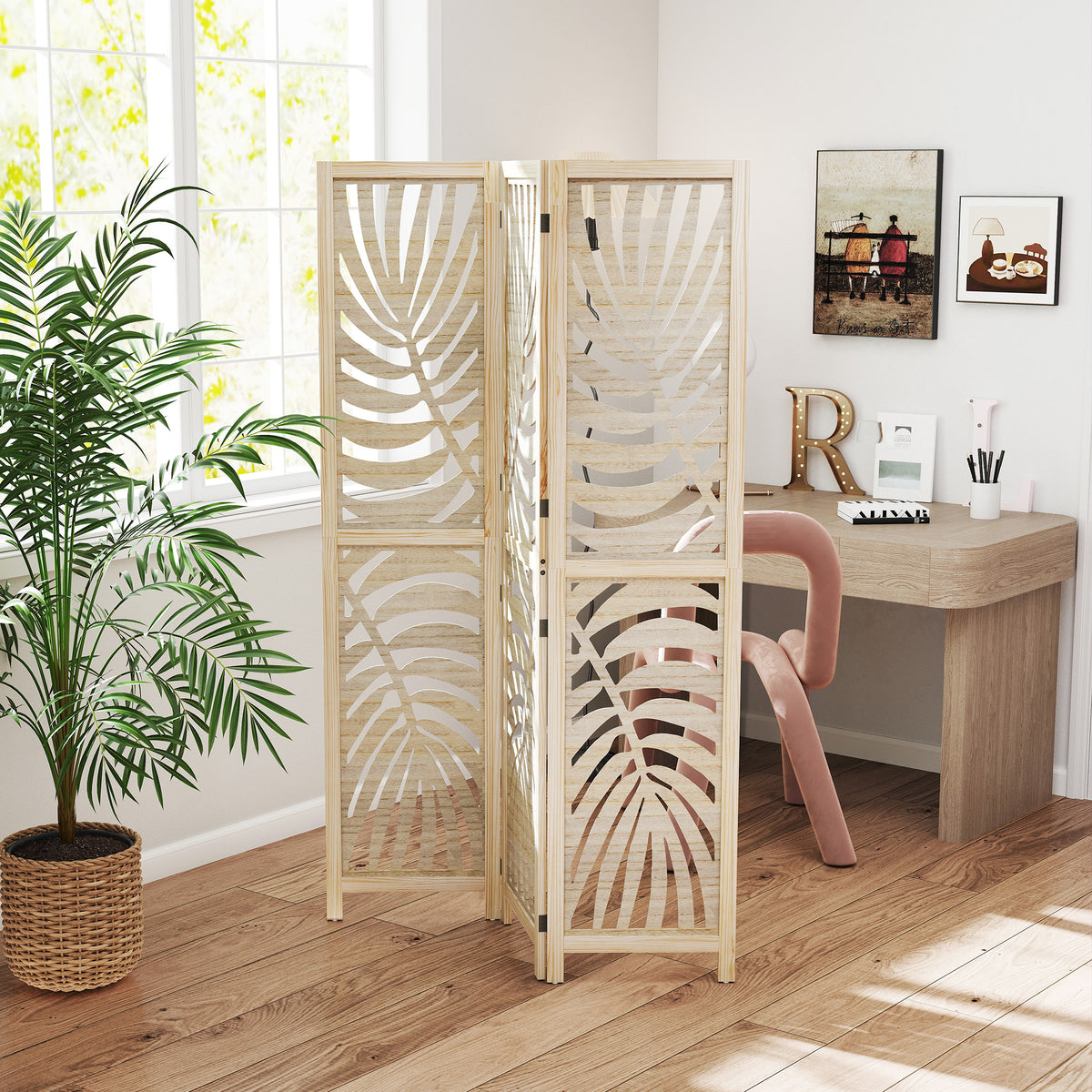 Paravent interieur en bois 3 panneaux 120 x 170 cm, pliable et portable, motif de feuille, design amovible, bois naturel-1