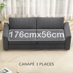 Canapé 3 places 212 cm avec 2 coussins à ressorts, tissu velours côtelé, pour salon, chambre, bureau à domicile, gris foncé-3