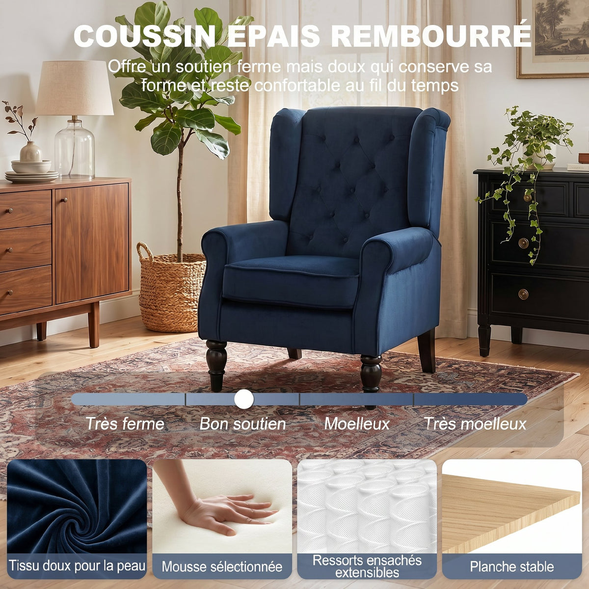 Fauteuil de salon capitonné avec assise large, pieds en bois, style classique, grand confort, 74x86x102cm, bleu foncé-4