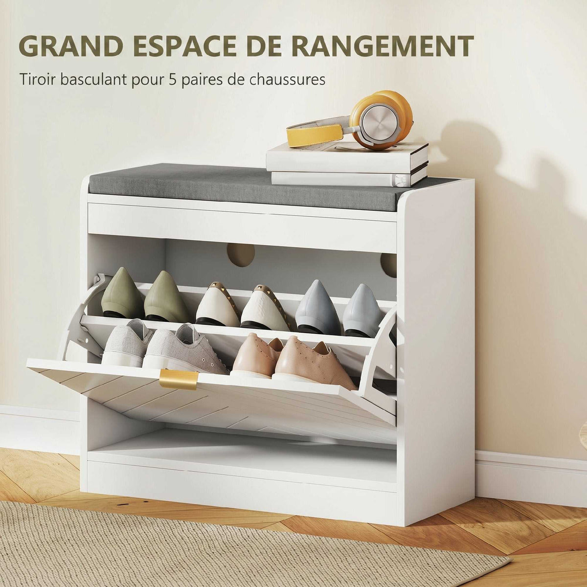 Banc à chaussures, banc de rangement, assise rembourrée, tiroir rabattable, porte avec motif 60 x 26 x 52,5 cm, blanc-3