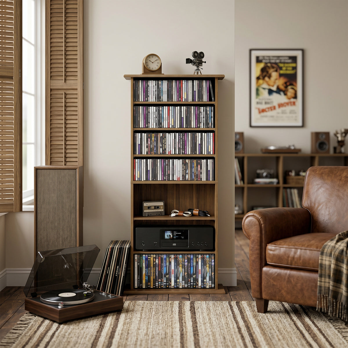Rangements pour CD et DVD avec 8 compartiments et 6 étagères réglables, capacité max. 360 CD/185 DVD et Blu-ray, noyer-8