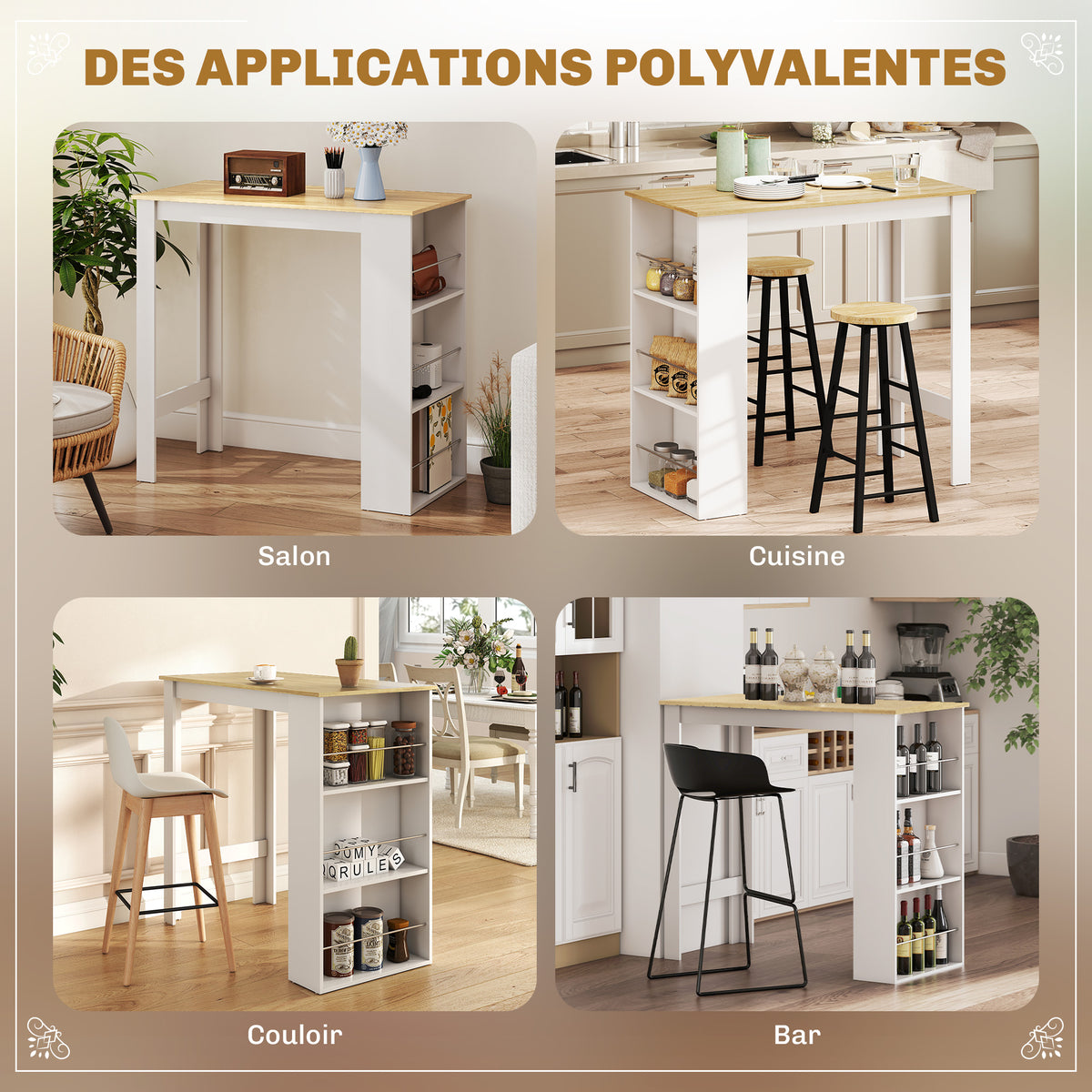 Table de bar table haute de cuisine mange-debout comptoir 112L x 57l x 106H cm - 3 étagères - aspect chêne clair blanc-4