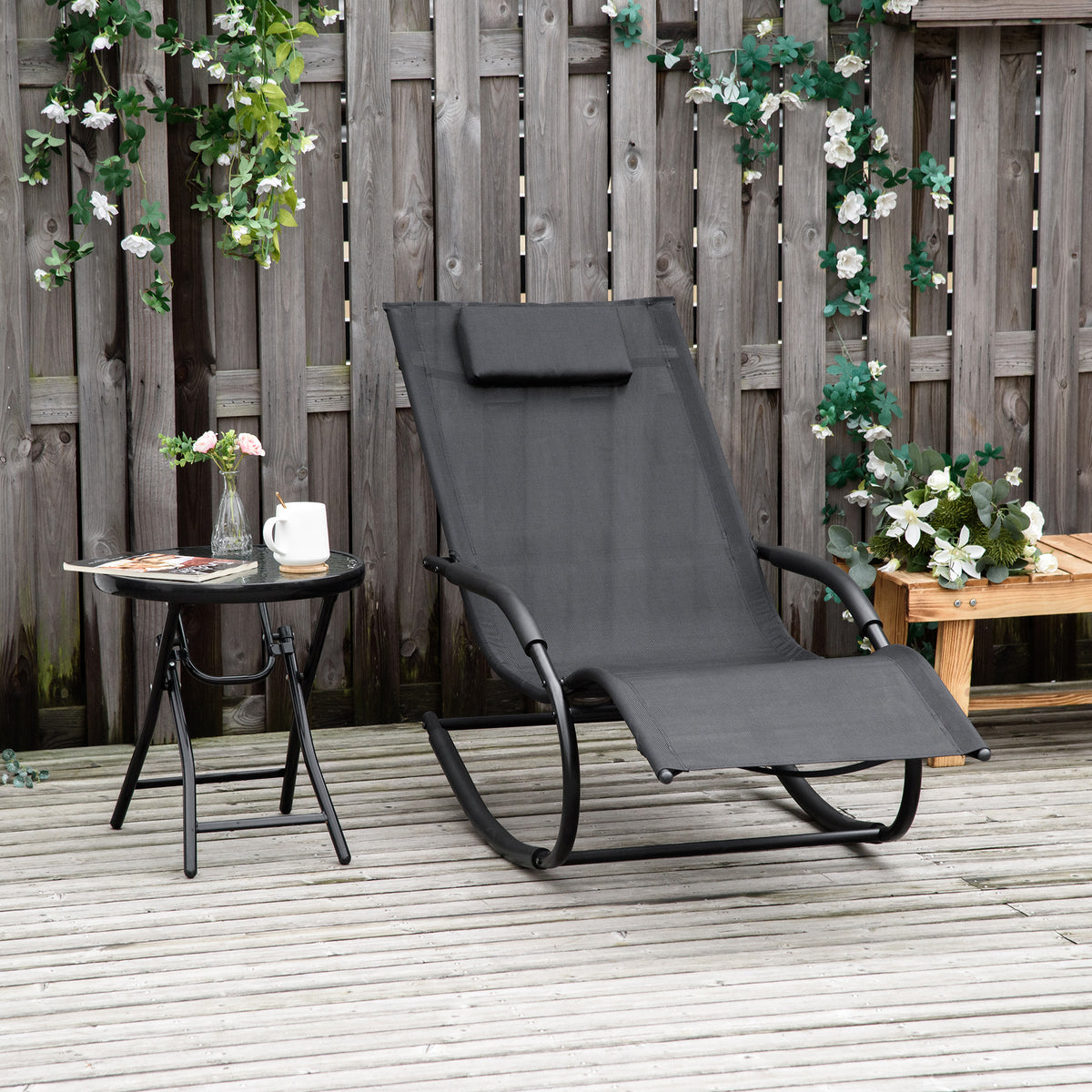 Chaise longue à bascule rocking chair ergonomique avec tétière accoudoirs métal galvanisé textilène 62l x 150P-1
