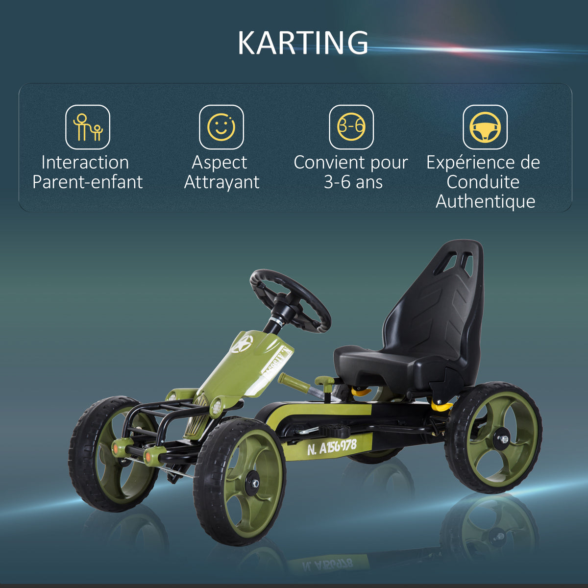 Vélo et véhicule pour Enfants Kart à pédales siège réglable Frein Manuel Roues AR EVA Acier Vert Noir-3