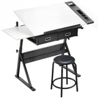 Table à dessin avec tabouret et 2 tiroirs, hauteur réglable, plateau inclinable 0° à 60°, 120 x 60 x 68-92 cm, blanc-0
