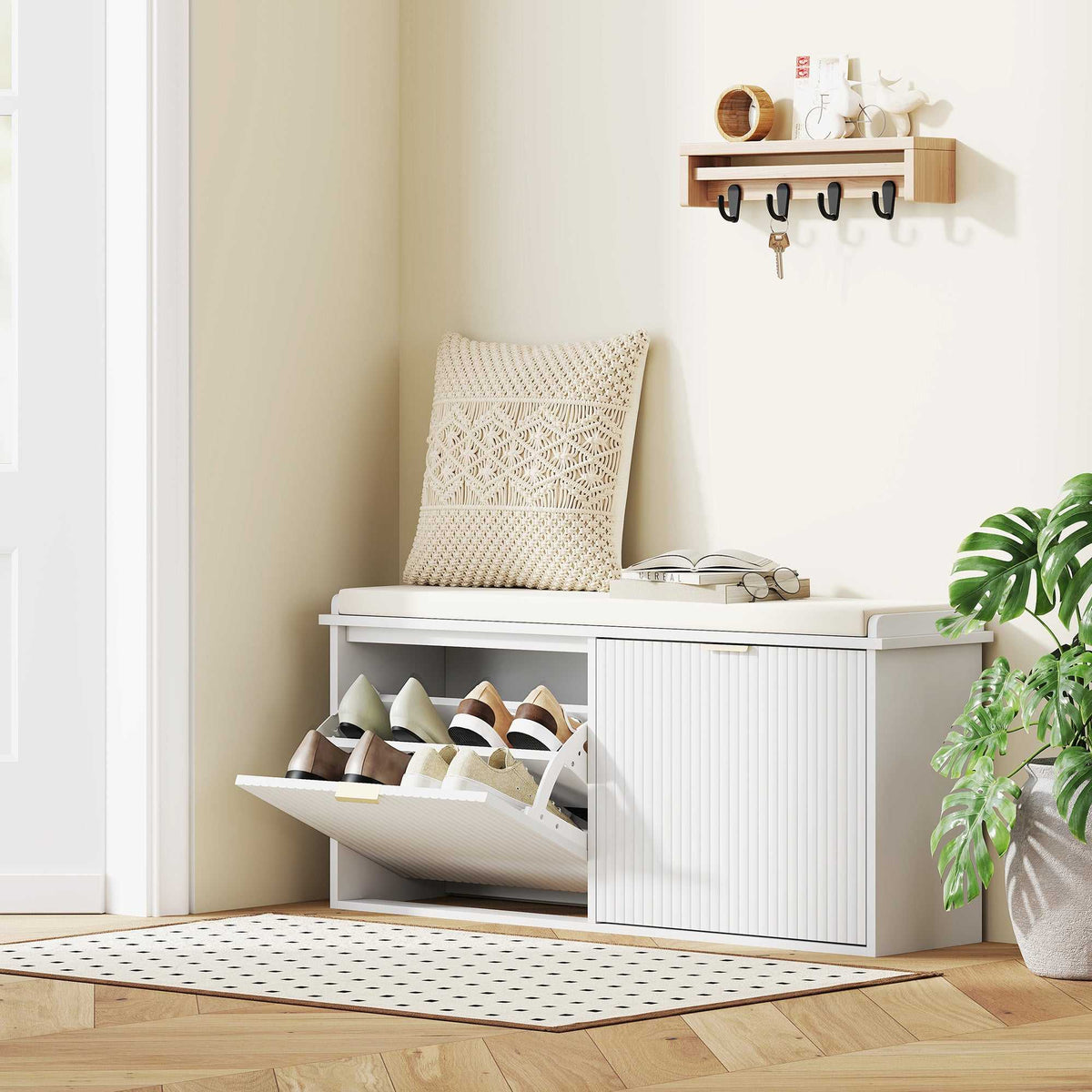 Banc à chaussures avec coussin d'assise rembourré et tiroir rabattable pour couloir, chambre, 104 x 26 x 47,5 cm, blanc-1