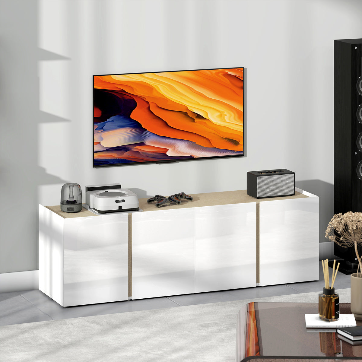 Meuble TV, banc TV avec 4 portes à fermeture amortie, étagère réglable et passe-câbles, 135 x 38 x 45 cm, blanc-8