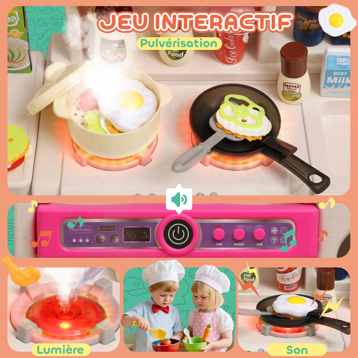 Cuisine enfant jouet d'imitation, dinette pour enfant avec lumières et sons réalistes, 52,5 x 22 x 100 cm, rose-3