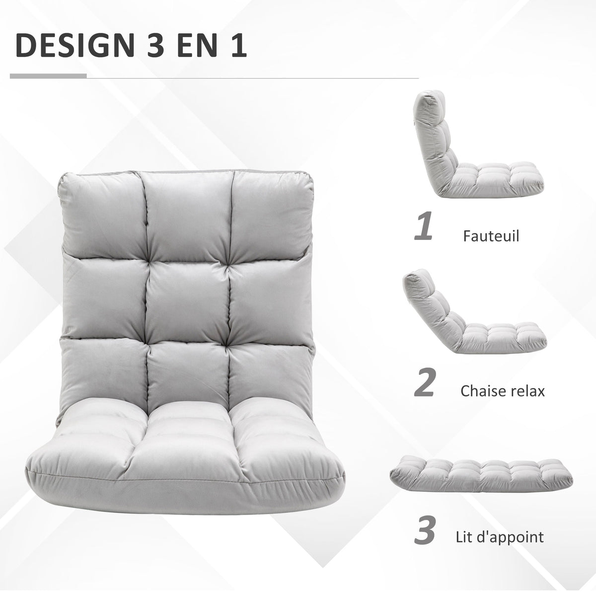 Fauteuil Convertible Fauteuil Paresseux Grand Confort Inclinaison Dossier Multipositions 90°-180° Flanelle Polyester capitonné Gris Clair-3