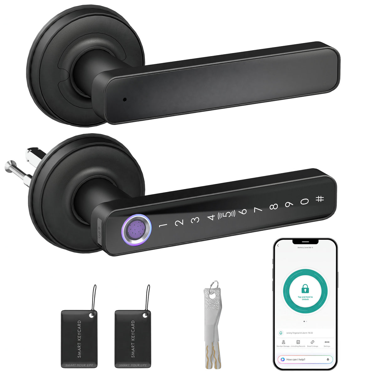 Serrure de Porte Intelligente, 5 Accès par Empreinte, Code, Carte NFC, Application Tuya/Smart Life et Clé, Noir-0