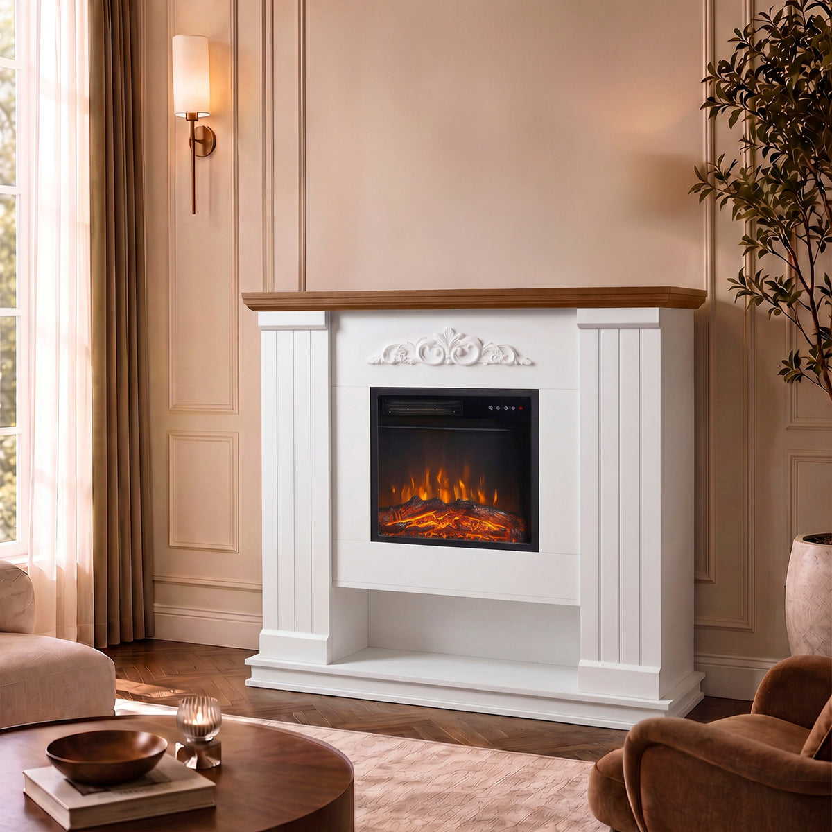 Cheminée Électrique 1800 W, Effet Flamme 3D Réaliste, avec Manteau et Étagère, 5 Niveaux de Luminosité, Blanc-1