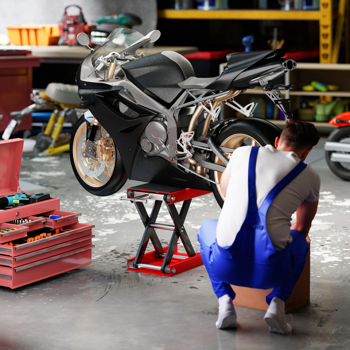 Cric de Moto à Ciseaux 500 kg, Hauteur de Levage 10-37 cm - Lève-Moto en Acier avec Plateforme Antidérapante - Béquille d'Atelier Tout-Terrain pour Entretien Atelier, Rouge-7