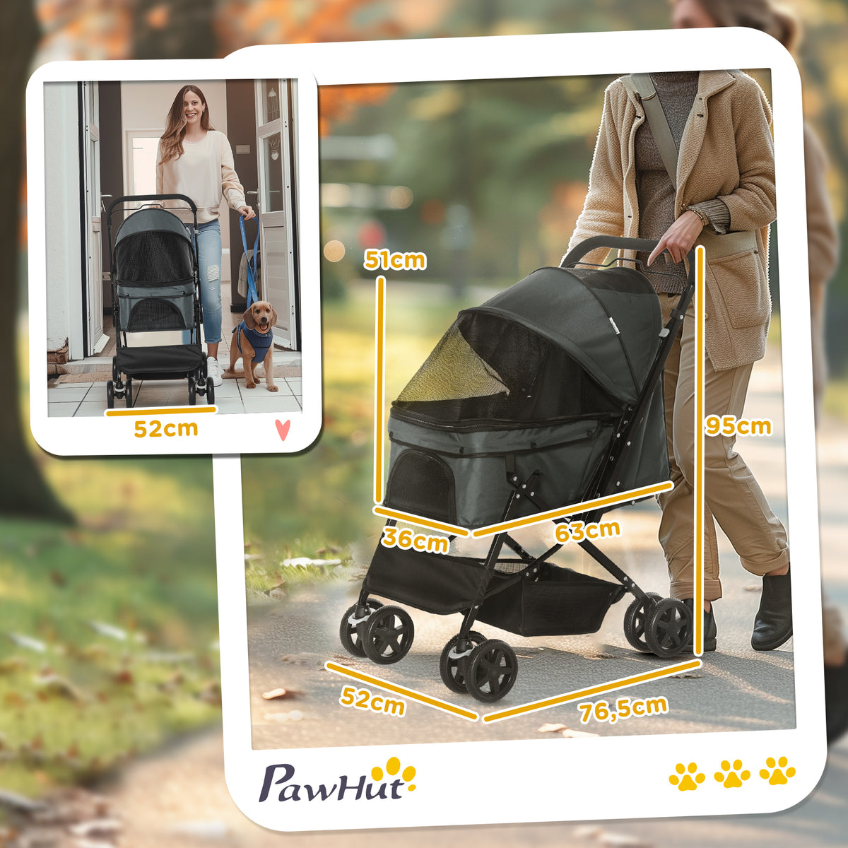 Poussette pour chien animaux de compagnie pliable 4 roues EVA guidon réglable panier 76,5 x 52 x 95 cm-2