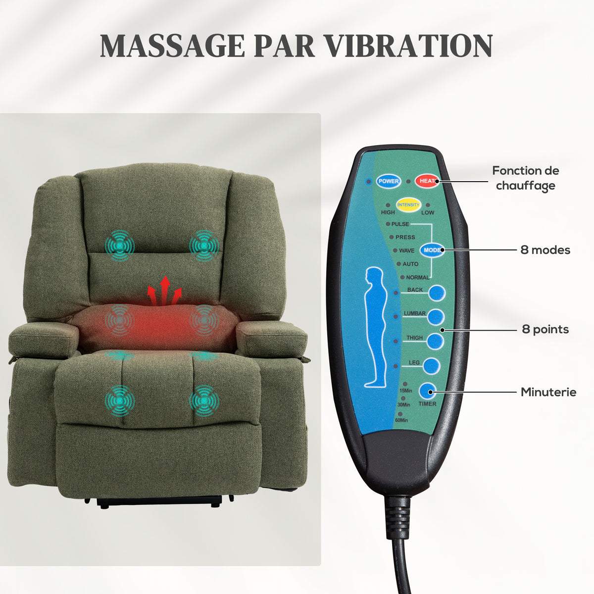 Fauteuil releveur relax électrique, fonction massage et chaleur, inclinaison réglable, repose-pied, télécommandes, vert-4