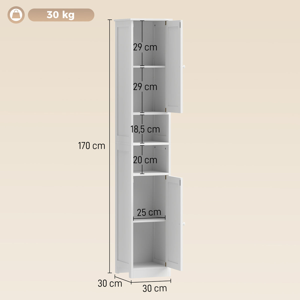 Meuble de salle de bain haut, meuble de rangement avec 2 portes, 2 compartiments ouverts, étagère réglable, blanc-2
