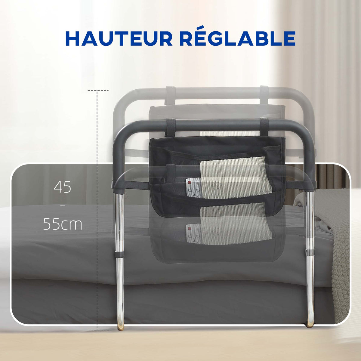 Barre d'appui lit barrière sécurisée protection poignée réglable 5 hauteurs pochette rangement 87Lx51,5lx45-55H cm-3