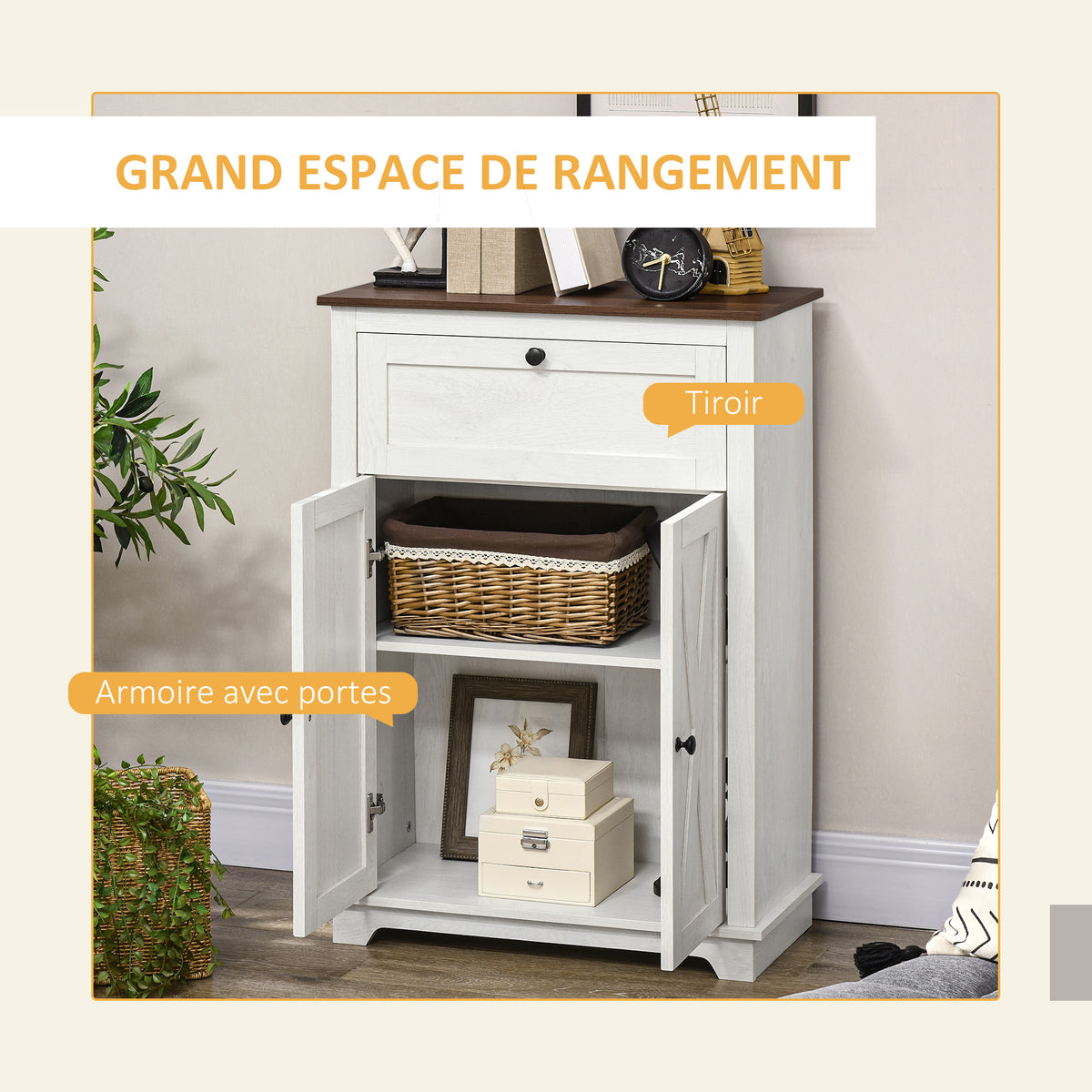Meuble de rangement buffet multi-rangements 2 portes avec étagère réglable 1 tiroir, dim. 60L x 30P x 87,5H cm-3