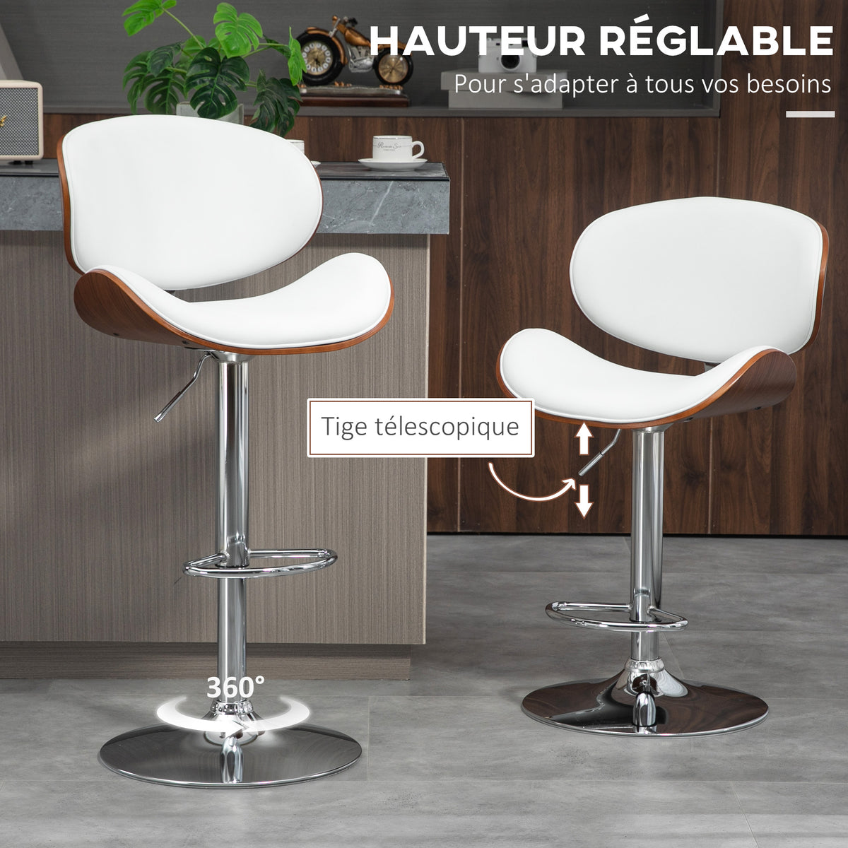 Lot de 2 chaises de bar tabouret hauteur réglable revêtement synthétique 53 x 52 x 92-112 cm blanc-4