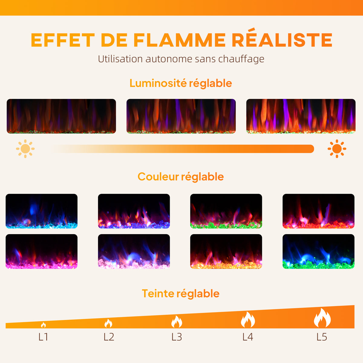 Cheminée électrique mural ou encastrable 900W/1800W, effet flamme à 12 couleurs 5 luminosités, 127 x 9,4 x 47 cm, noir-3